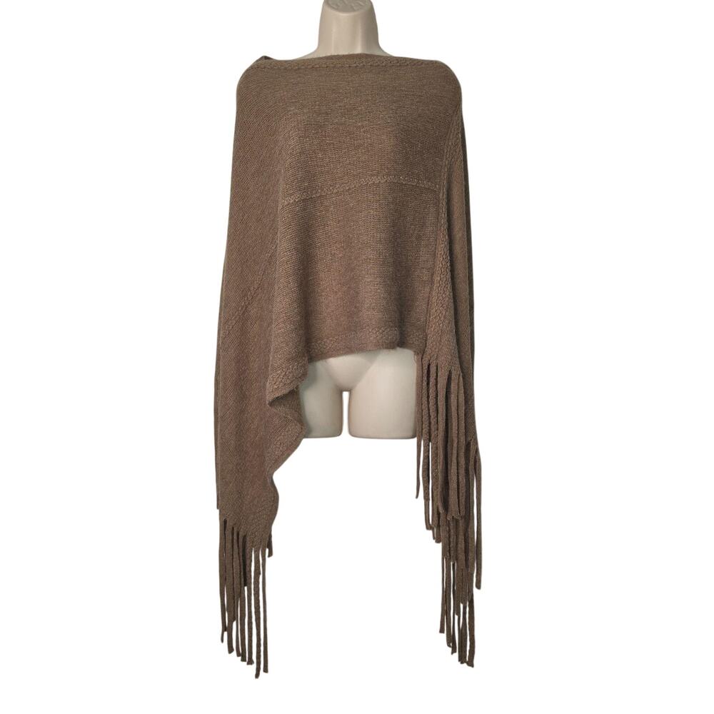 Fringe Cape Poncho Sweater Womens One Size Brown Knit Asymmetrical Boho Fall